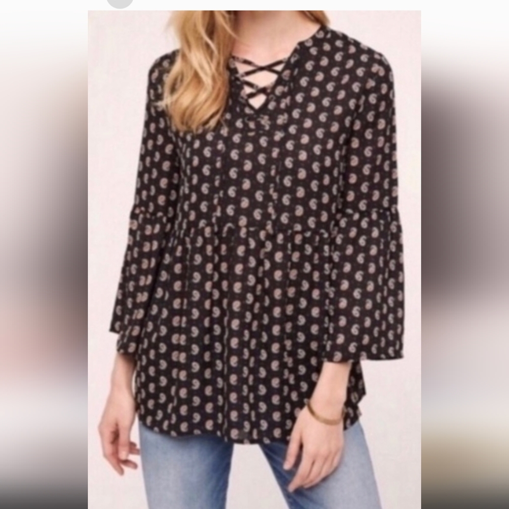 ANTHROPOLOGIE‎ Sunday In Brooklyn Bell Sleeve Peplum Top Small Black Paisley